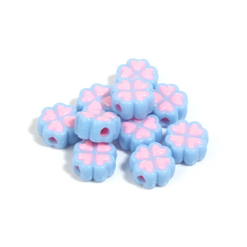Assortment of 15mm frosted acrylic four-leaf clover beads in rose red, pink, yellow, green, blue, and purple.