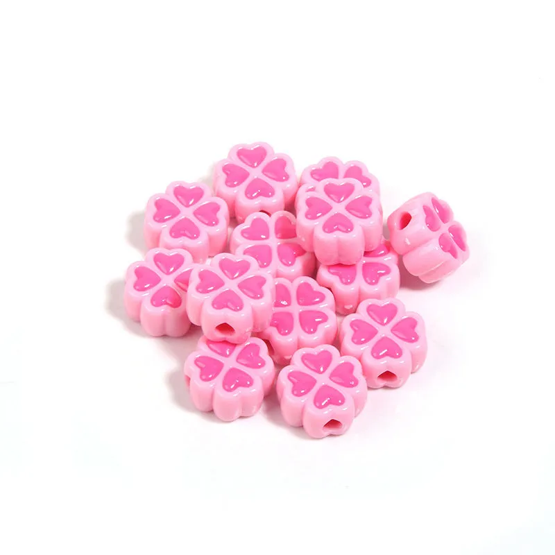 Assortment of 15mm frosted acrylic four-leaf clover beads in rose red, pink, yellow, green, blue, and purple.