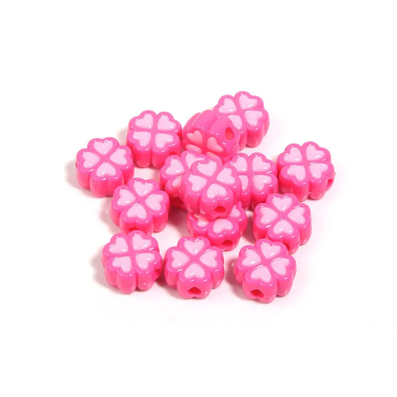 Assortment of 15mm frosted acrylic four-leaf clover beads in rose red, pink, yellow, green, blue, and purple.