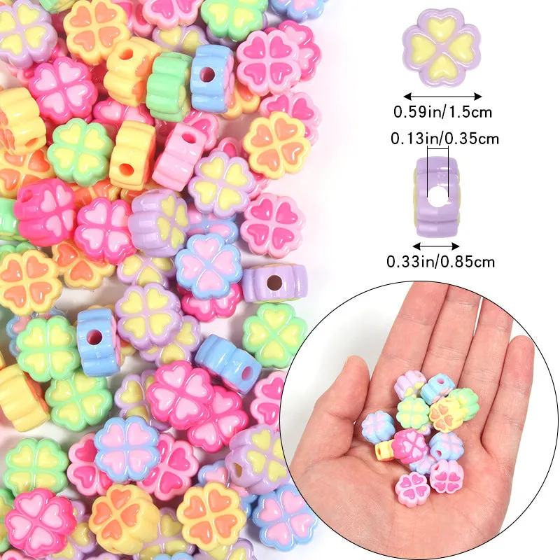 Assortment of 15mm frosted acrylic four-leaf clover beads in rose red, pink, yellow, green, blue, and purple.
