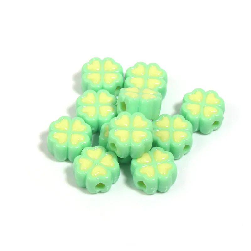 Assortment of 15mm frosted acrylic four-leaf clover beads in rose red, pink, yellow, green, blue, and purple.