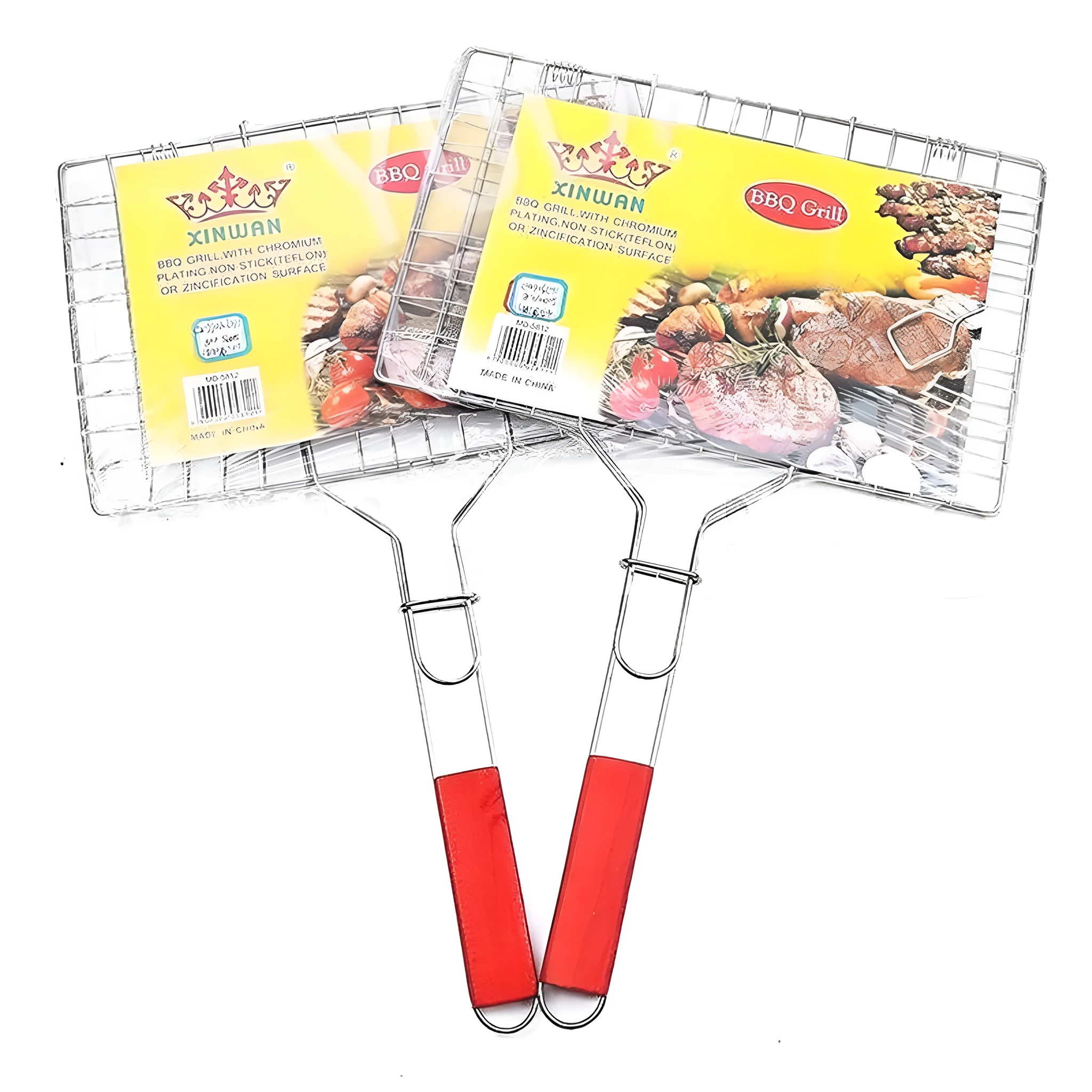 Electroplated wooden-handled small single fish grilling tool with barbecue net and tool set for BBQ