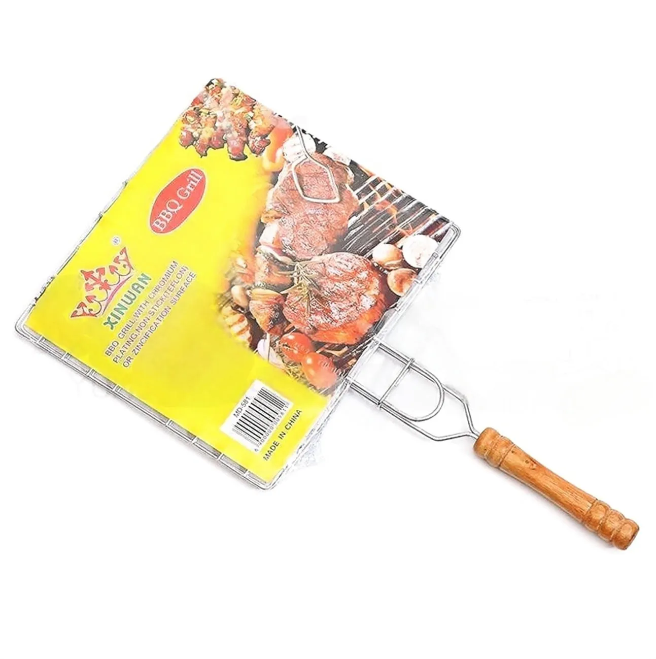 Electroplated wooden-handled small single fish grilling tool with barbecue net and tool set for BBQ