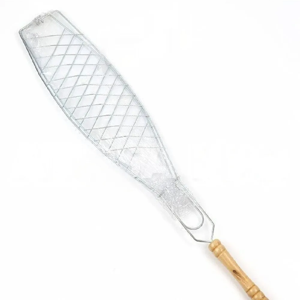 Electroplated wooden-handled small single fish grilling tool with barbecue net and tool set for BBQ