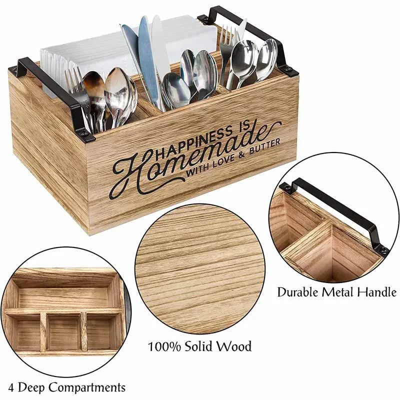Natural wood coloured kitchen storage box with internal grid for organising cutlery.