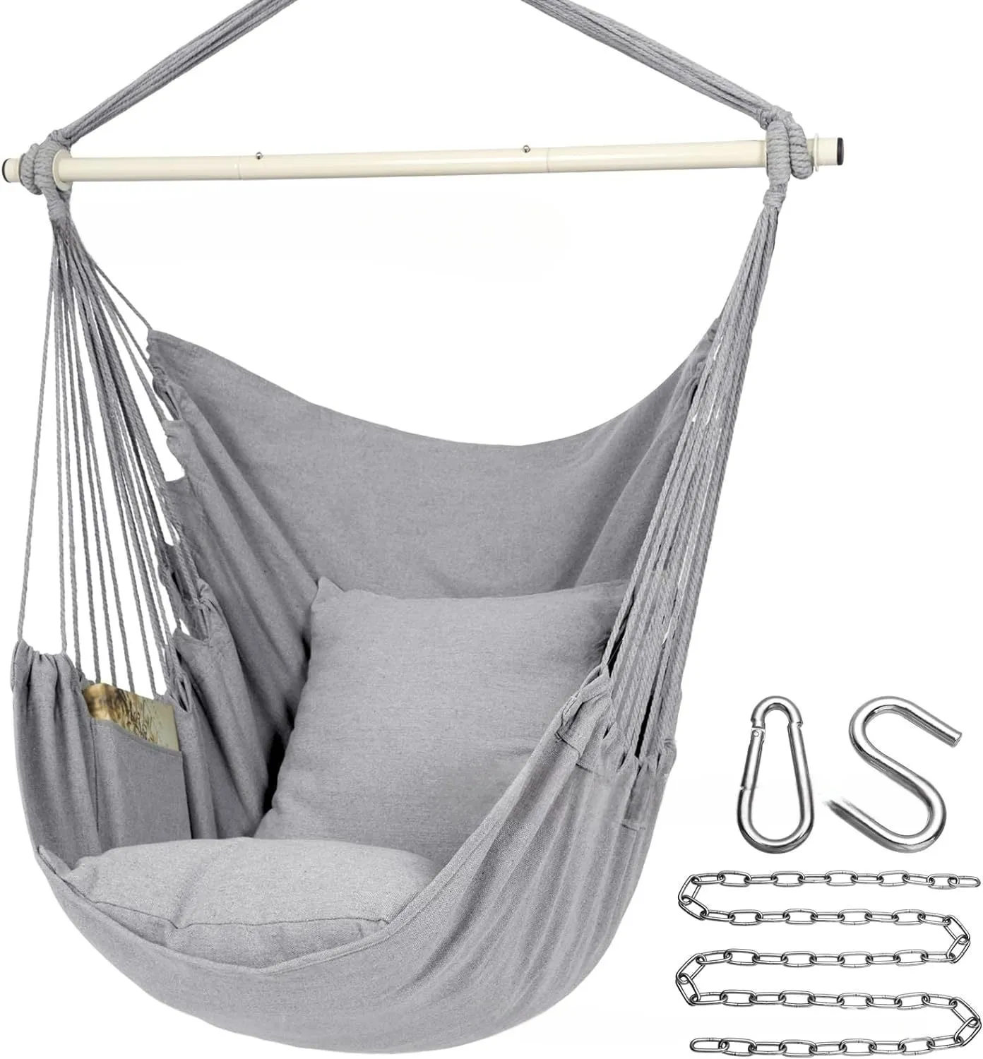 Folding canvas hammock in beige with seat cushion and three-section iron pipe on a garden background