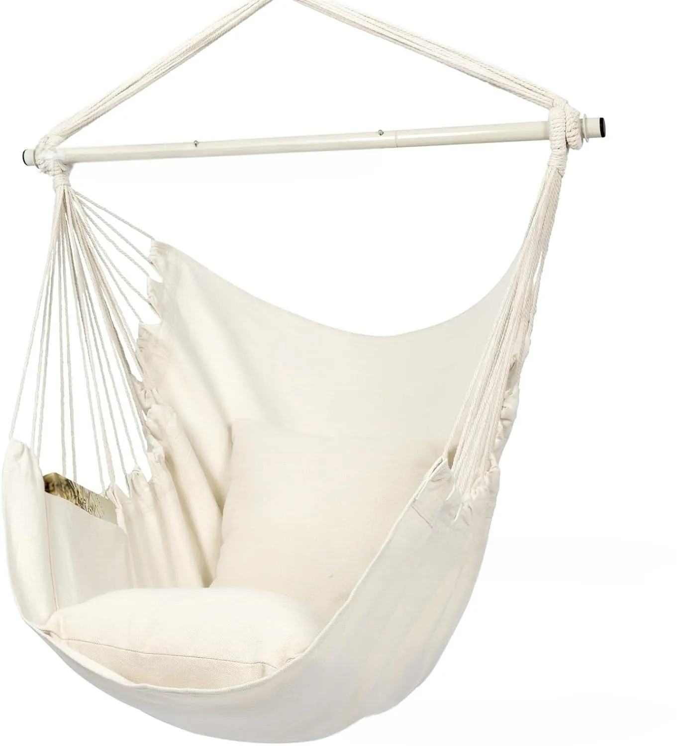 Folding canvas hammock in beige with seat cushion and three-section iron pipe on a garden background