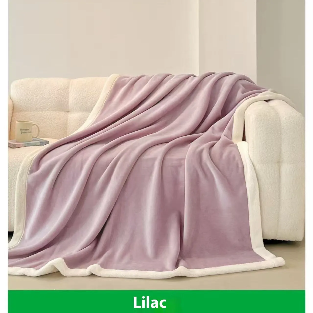 Soft flannel blanket in solid colour light luxury style, available in pink, green, peach orange, or lilac purple