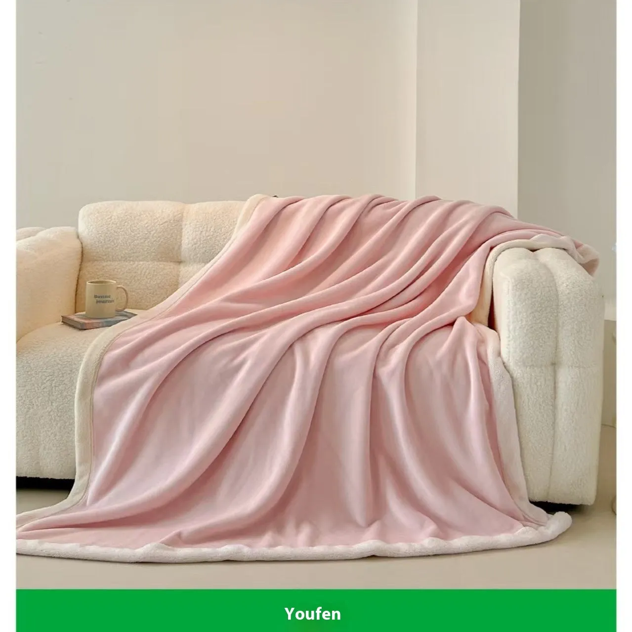 Soft flannel blanket in solid colour light luxury style, available in pink, green, peach orange, or lilac purple