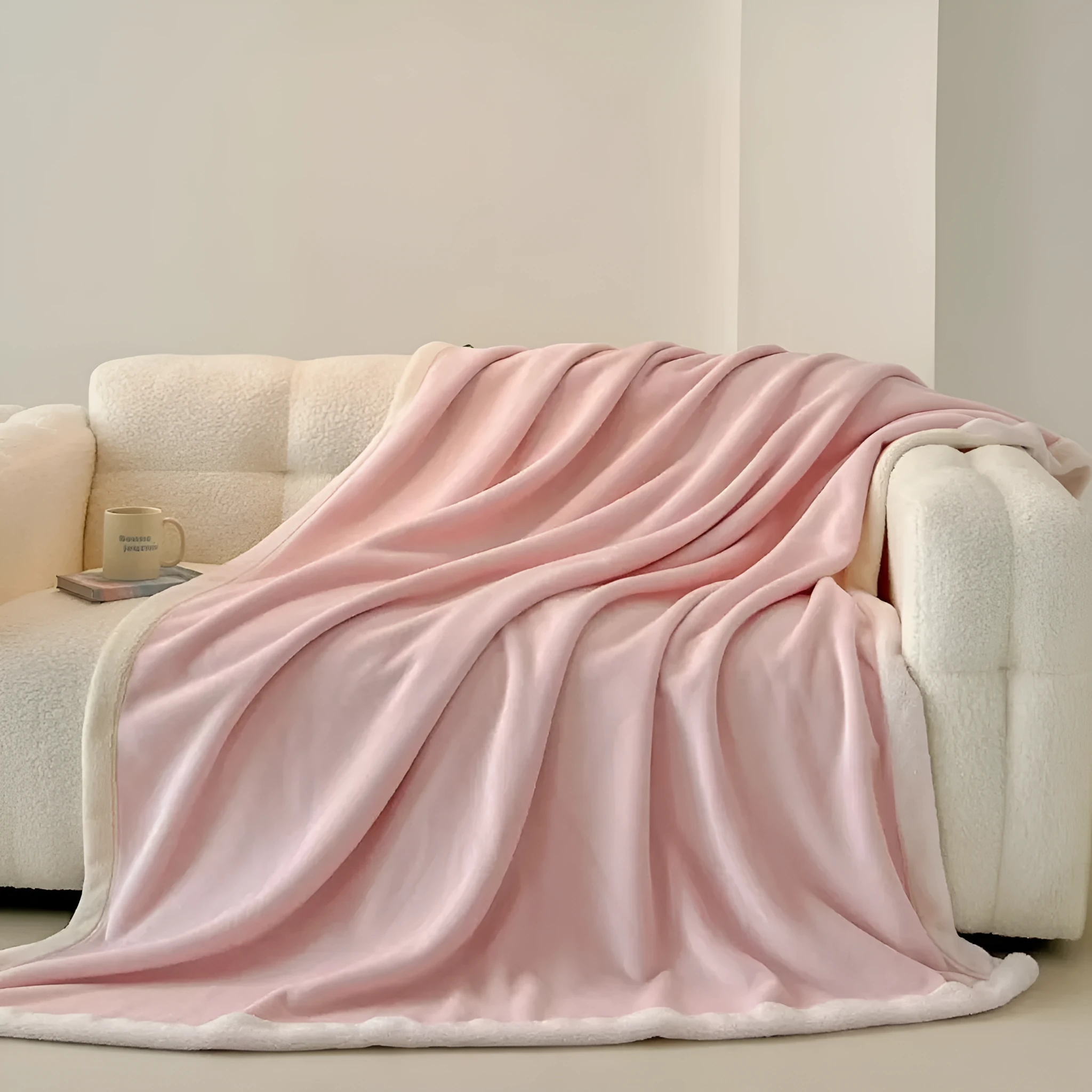 Soft flannel blanket in solid colour light luxury style, available in pink, green, peach orange, or lilac purple
