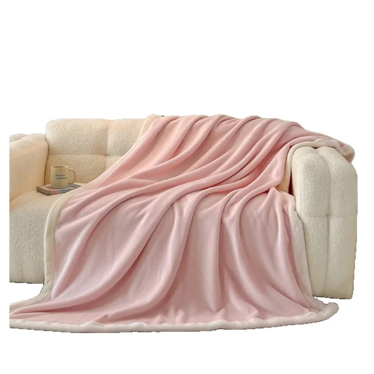 Soft flannel blanket in solid colour light luxury style, available in pink, green, peach orange, or lilac purple