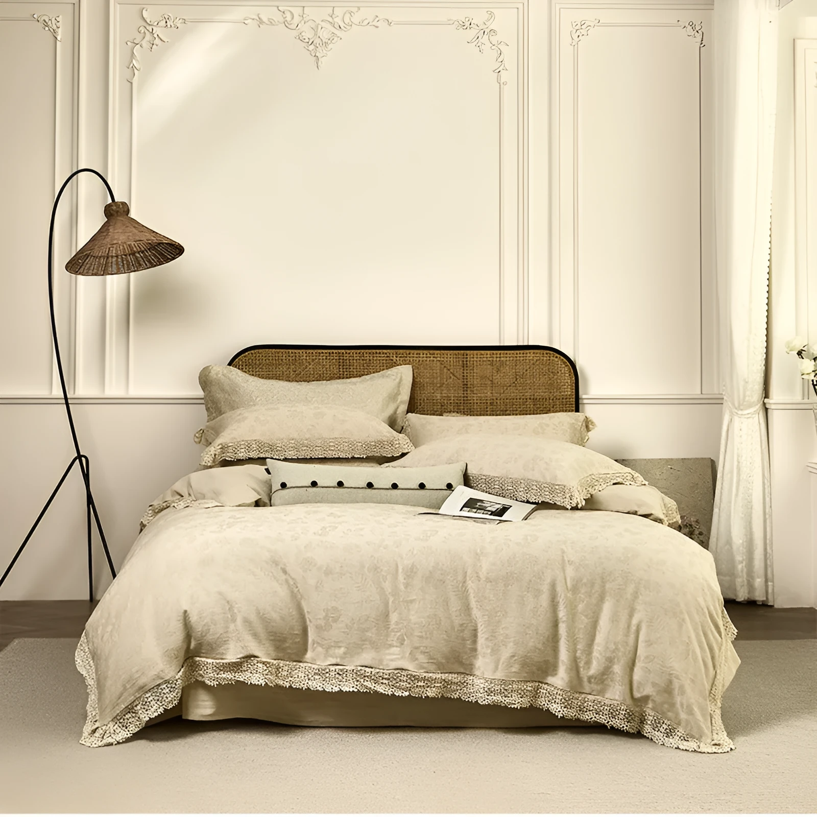 Cotton linen jacquard yarn-dyed four-piece bed sheet set in Optic Linen pattern, with quilt cover and pillowcases