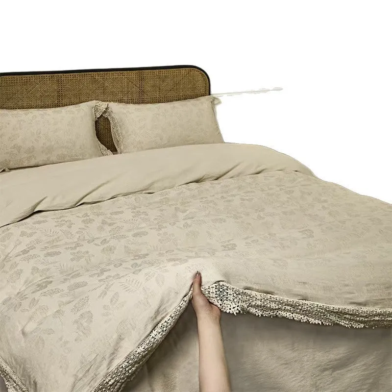 Cotton linen jacquard yarn-dyed four-piece bed sheet set in Optic Linen pattern, with quilt cover and pillowcases