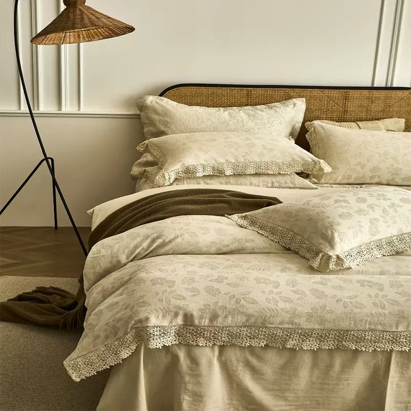 Cotton linen jacquard yarn-dyed four-piece bed sheet set in Optic Linen pattern, with quilt cover and pillowcases