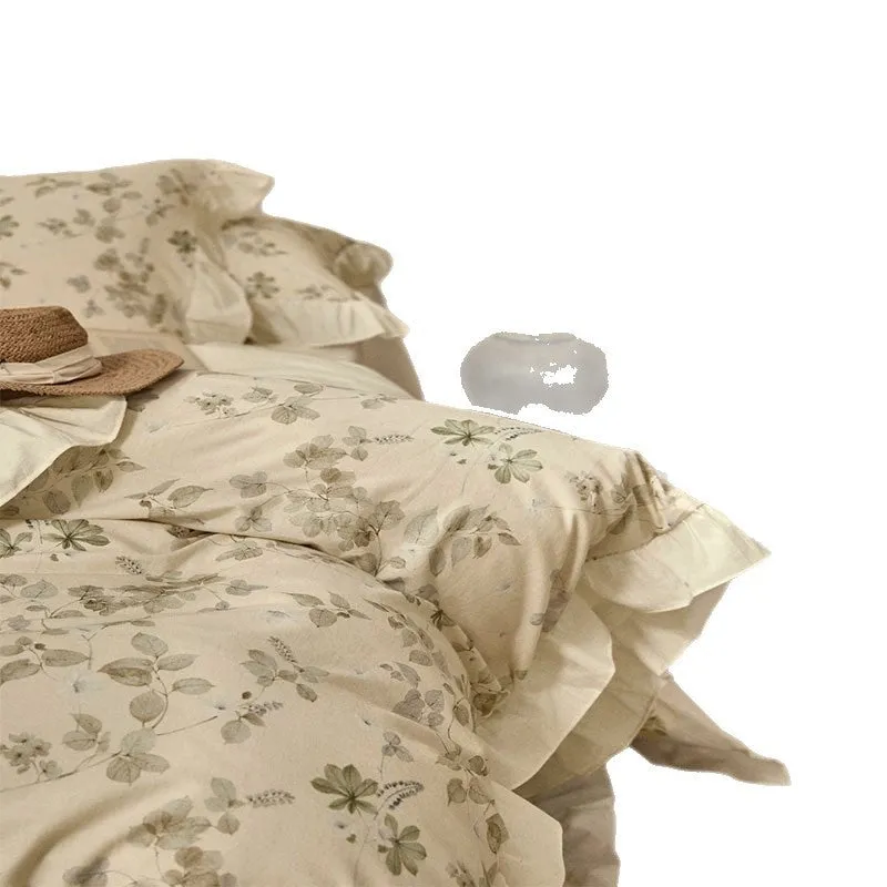 Cotton and linen yarn-dyed printed four-piece bedsheet set in raw jute colour with lace trim