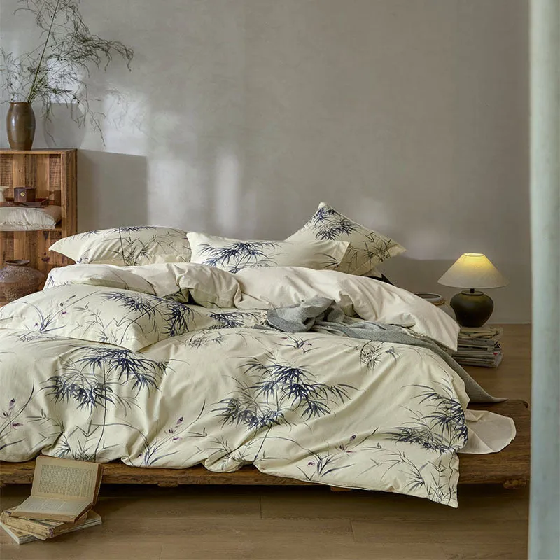 Cotton linen yarn-dyed printed four-piece bed sheet set with plant and flower pattern in beige