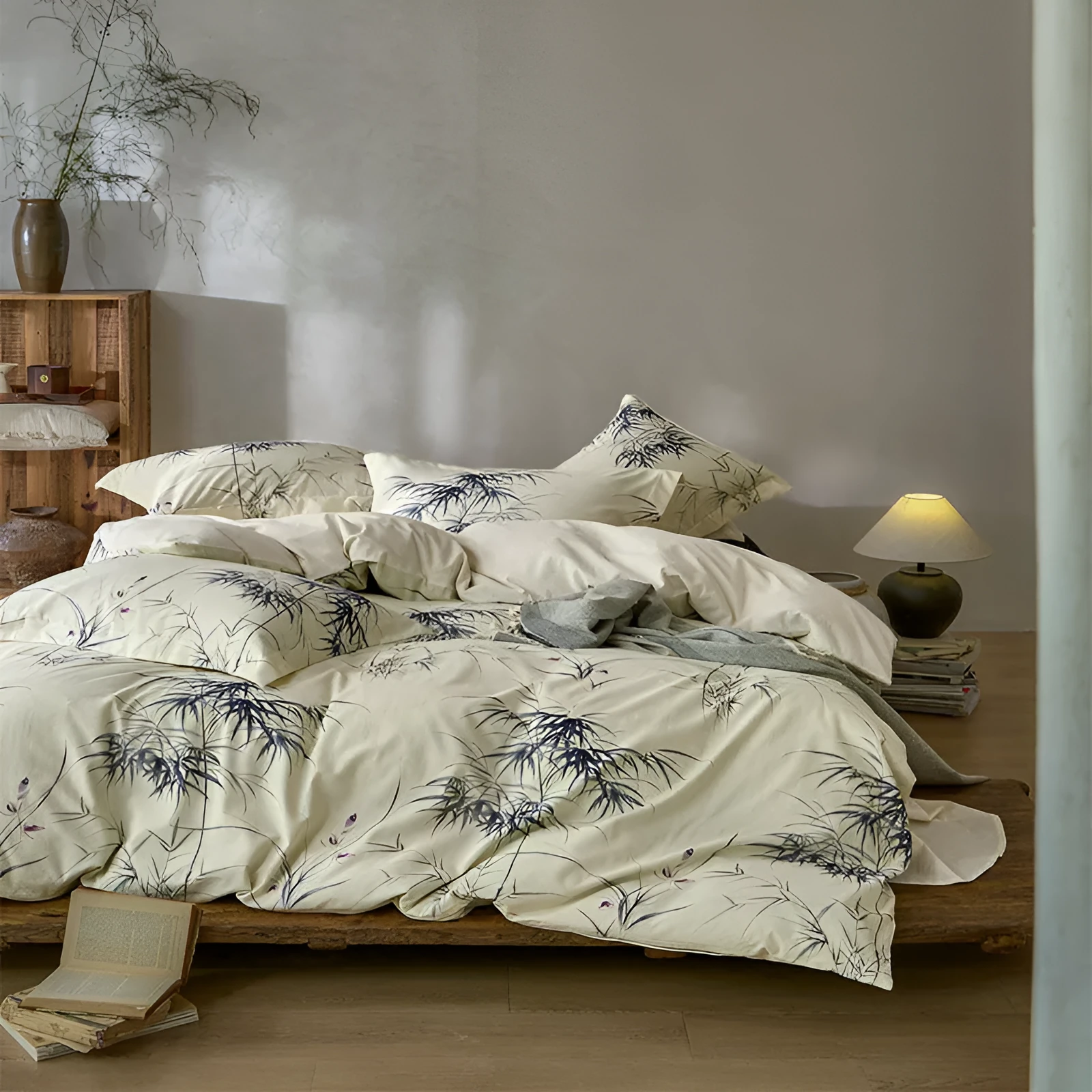 Cotton linen yarn-dyed printed four-piece bed sheet set with plant and flower pattern in beige