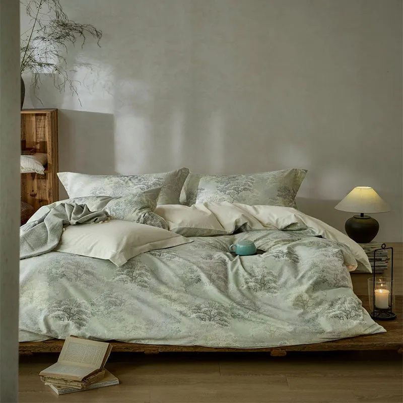 Cotton linen yarn-dyed printed four-piece bed sheet set with plant and flower pattern in beige