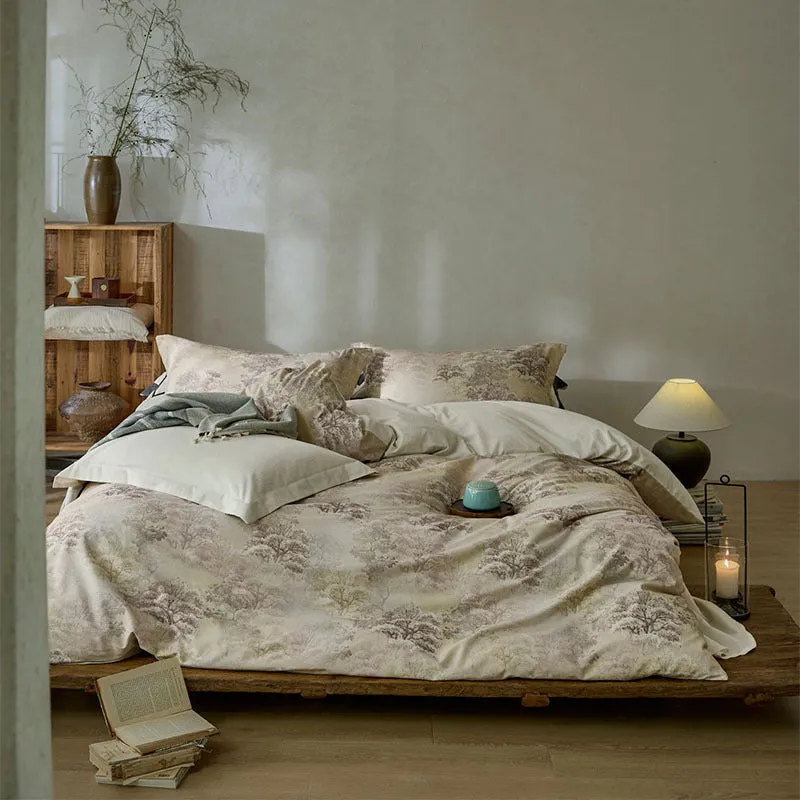 Cotton linen yarn-dyed printed four-piece bed sheet set with plant and flower pattern in beige