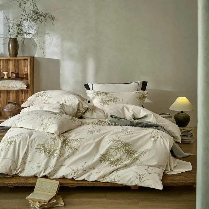 Cotton linen yarn-dyed printed four-piece bed sheet set with plant and flower pattern in beige
