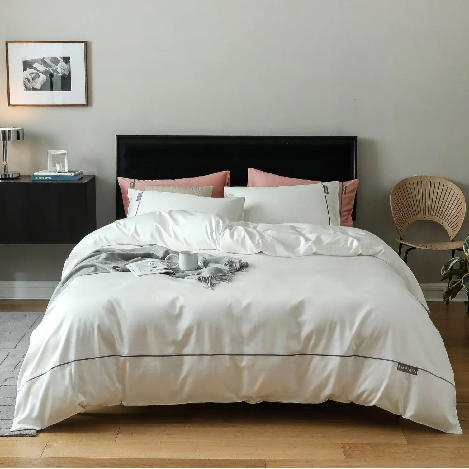 Pure cotton embroidered four-piece bed sheet set in champagne with quilt cover and pillowcases