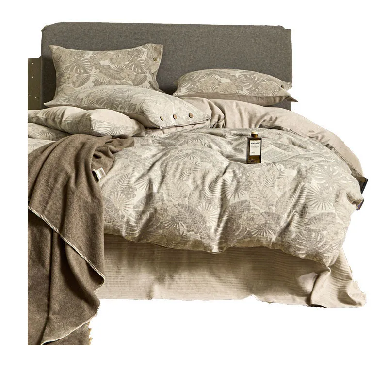 Linen cotton blend jacquard floral bedding four-piece set on a 1.5m double bed with quilt cover and pillowcases in neutral colours