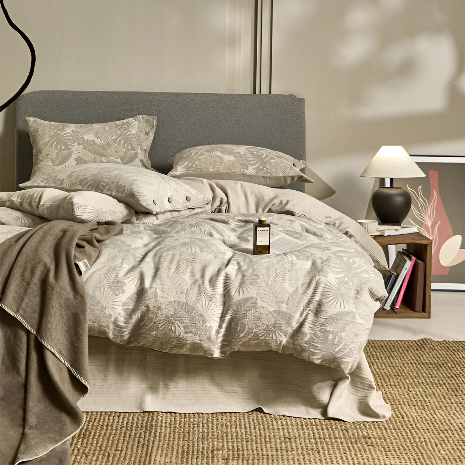 Linen cotton blend jacquard floral bedding four-piece set on a 1.5m double bed with quilt cover and pillowcases in neutral colours