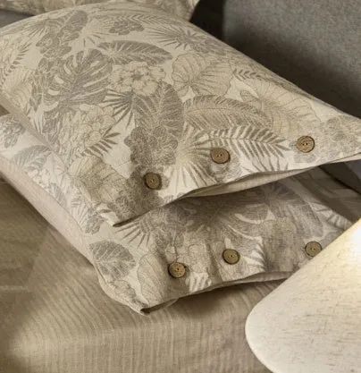 Linen cotton blend jacquard floral bedding four-piece set on a 1.5m double bed with quilt cover and pillowcases in neutral colours