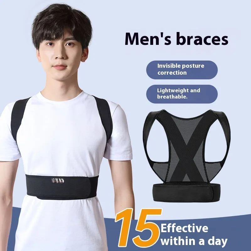 Men's hunchback corrector belt in beige or black with one-pull lift adjustment and hollow O design for spine support