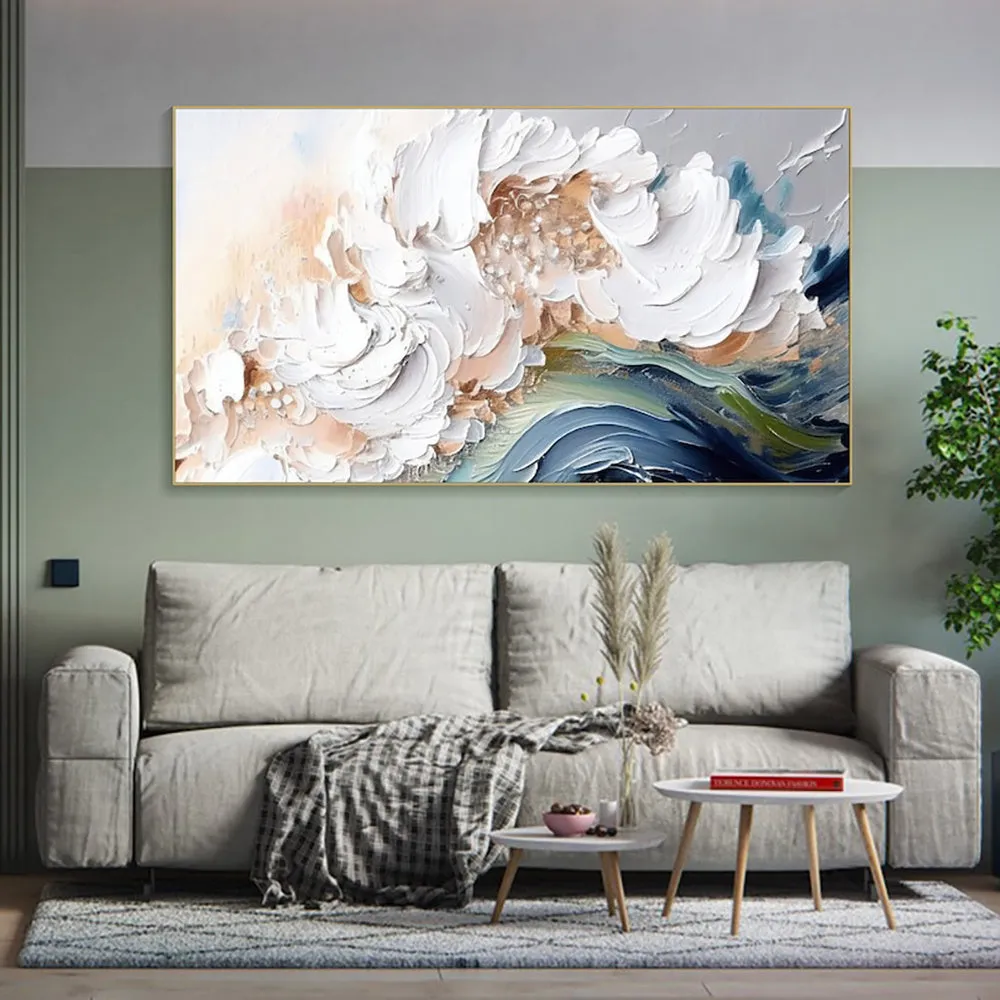 Modern abstract handmade oil painting heavy texture white waves unframed large canvas wall art