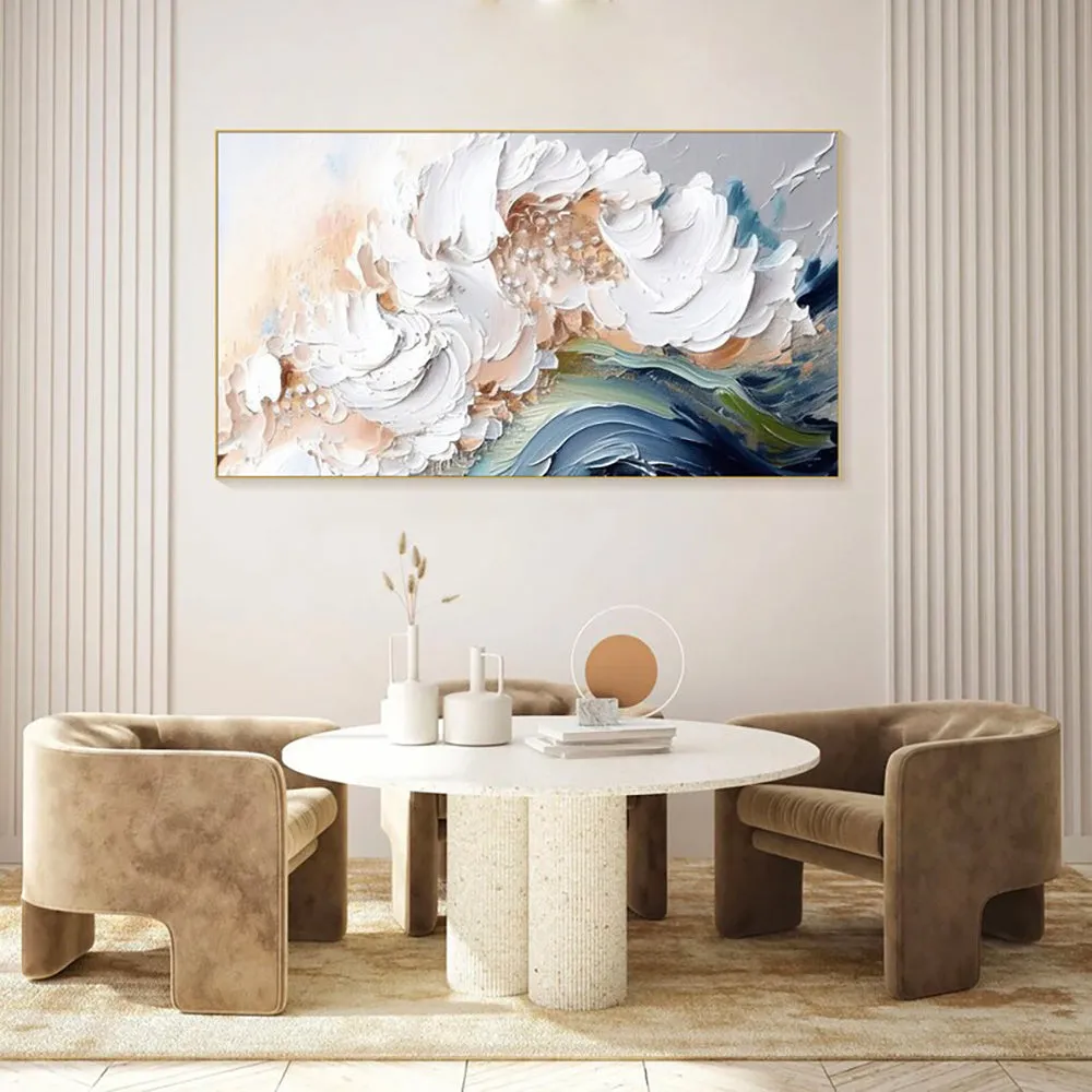 Modern abstract handmade oil painting heavy texture white waves unframed large canvas wall art