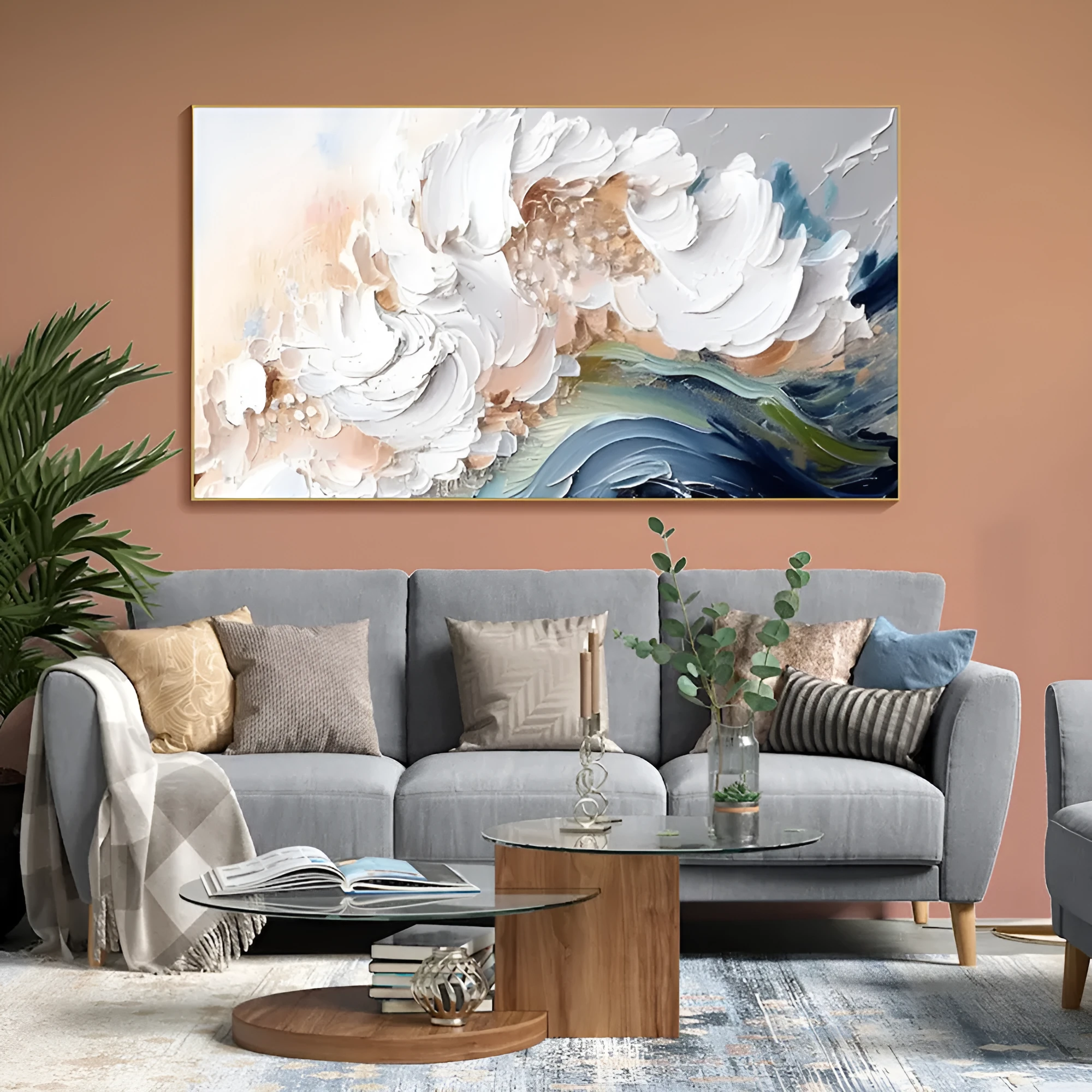 Modern abstract handmade oil painting heavy texture white waves unframed large canvas wall art
