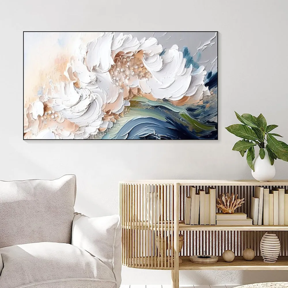 Modern abstract handmade oil painting heavy texture white waves unframed large canvas wall art