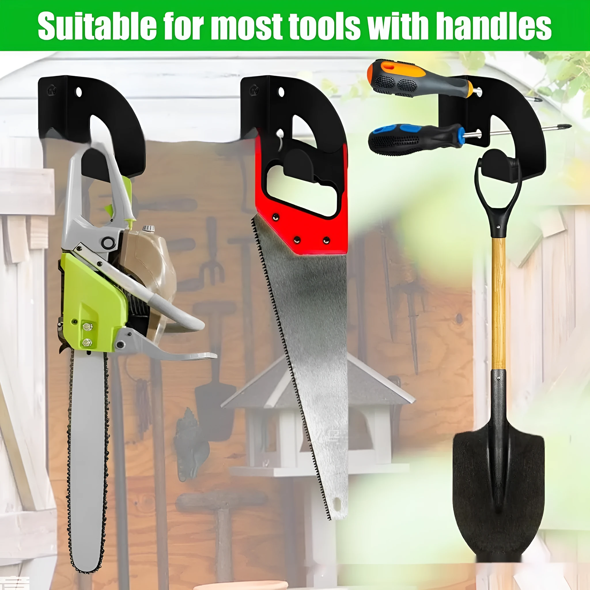 Wall-mounted iron shovel and racket hanger in black (Hanger A style) on a plain wall