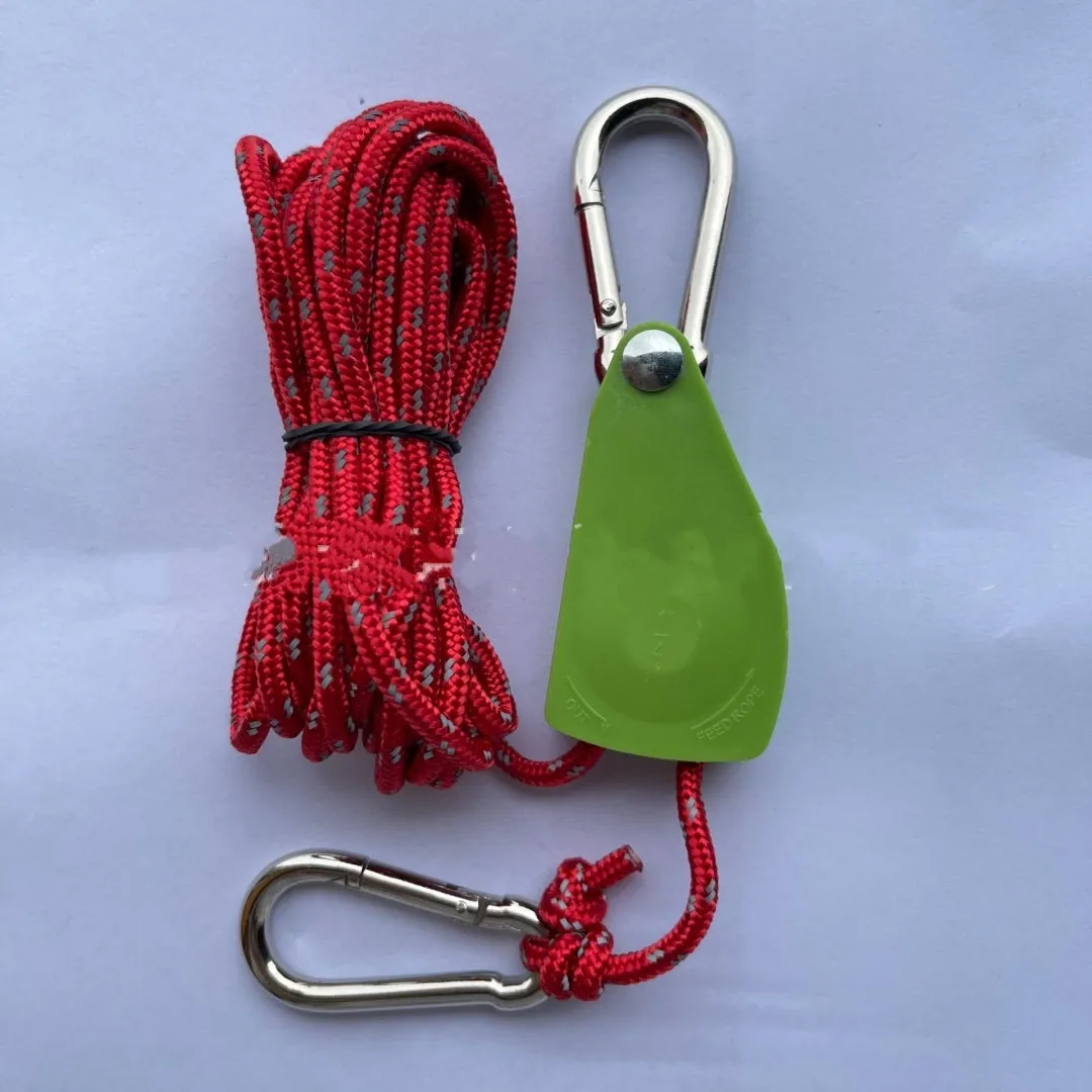 Metal and nylon outdoor camping tent rope pulley adjuster in army green with 4mm guy rope, 4M length
