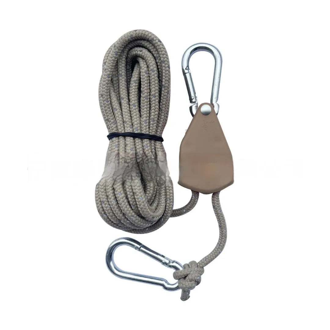 Metal and nylon outdoor camping tent rope pulley adjuster in army green with 4mm guy rope, 4M length