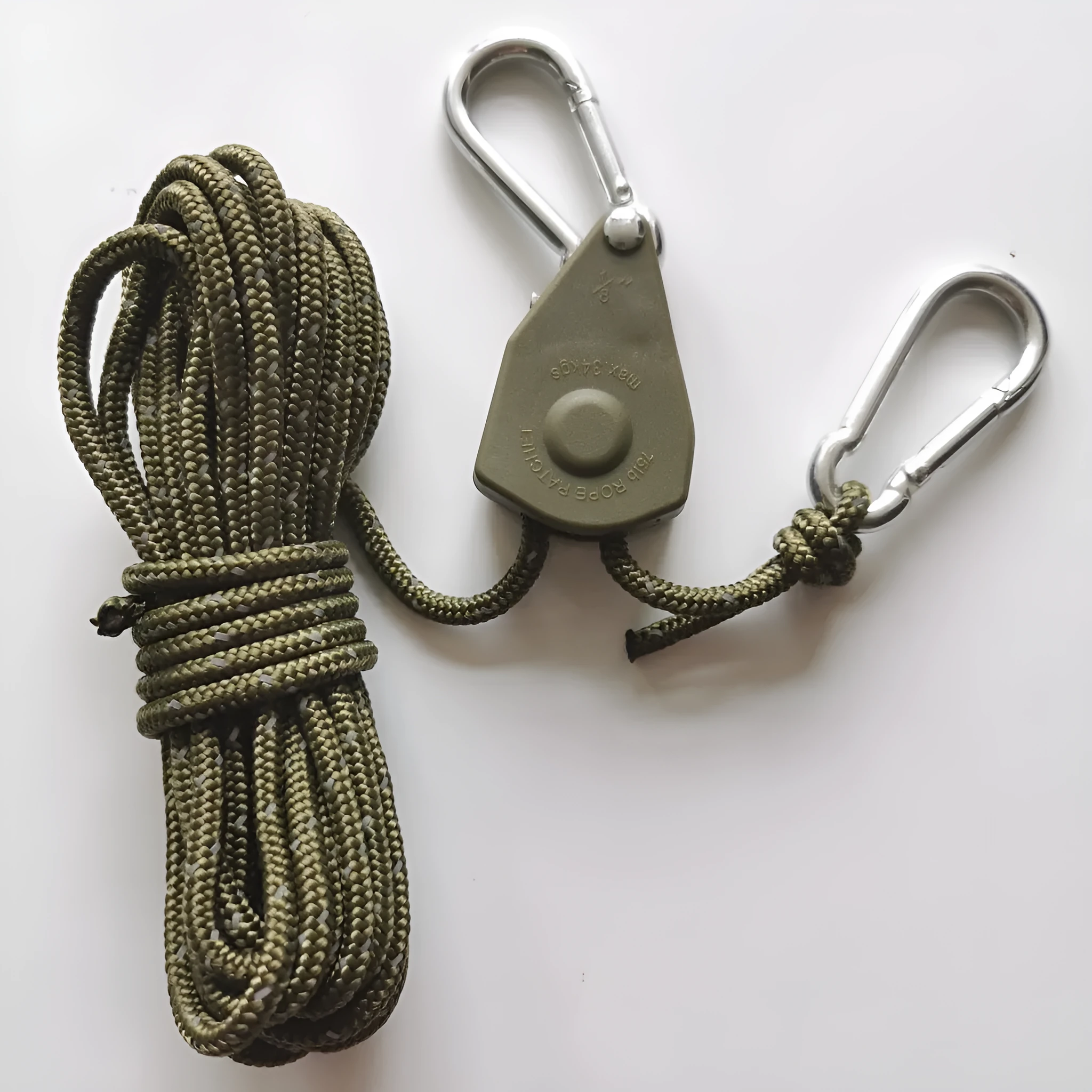 Metal and nylon outdoor camping tent rope pulley adjuster in army green with 4mm guy rope, 4M length