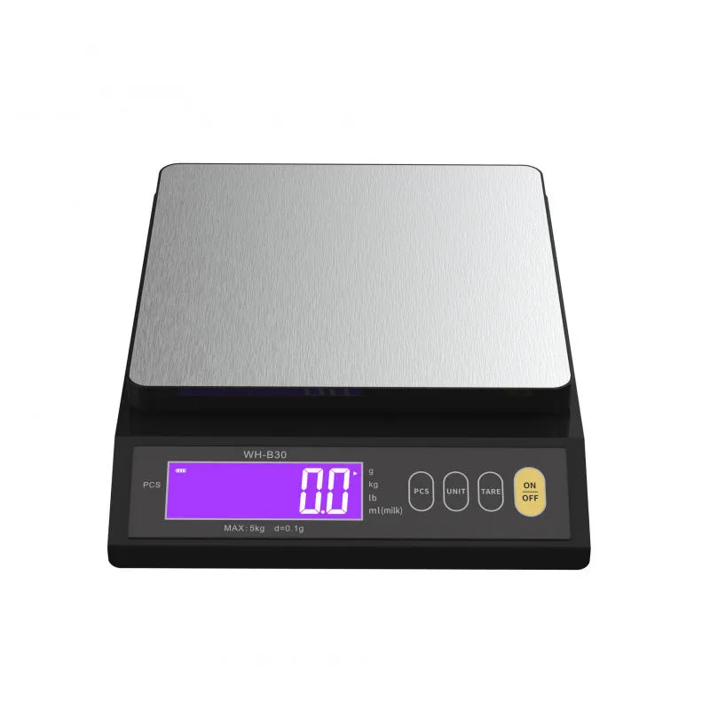 High-precision business electronic scale with rechargeable battery, 10kg 0.1g accuracy, compact 20 x 5cm design