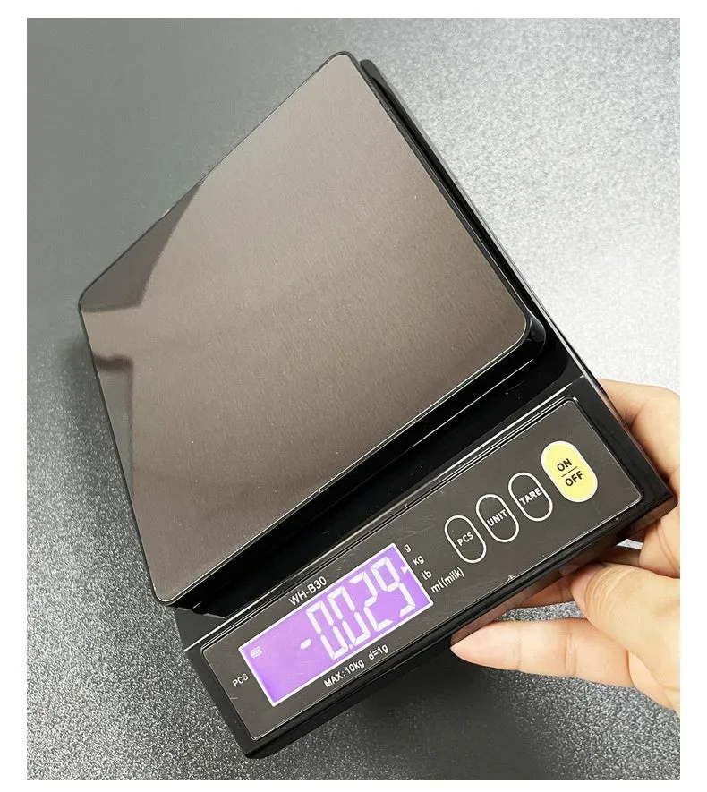 High-precision business electronic scale with rechargeable battery, 10kg 0.1g accuracy, compact 20 x 5cm design