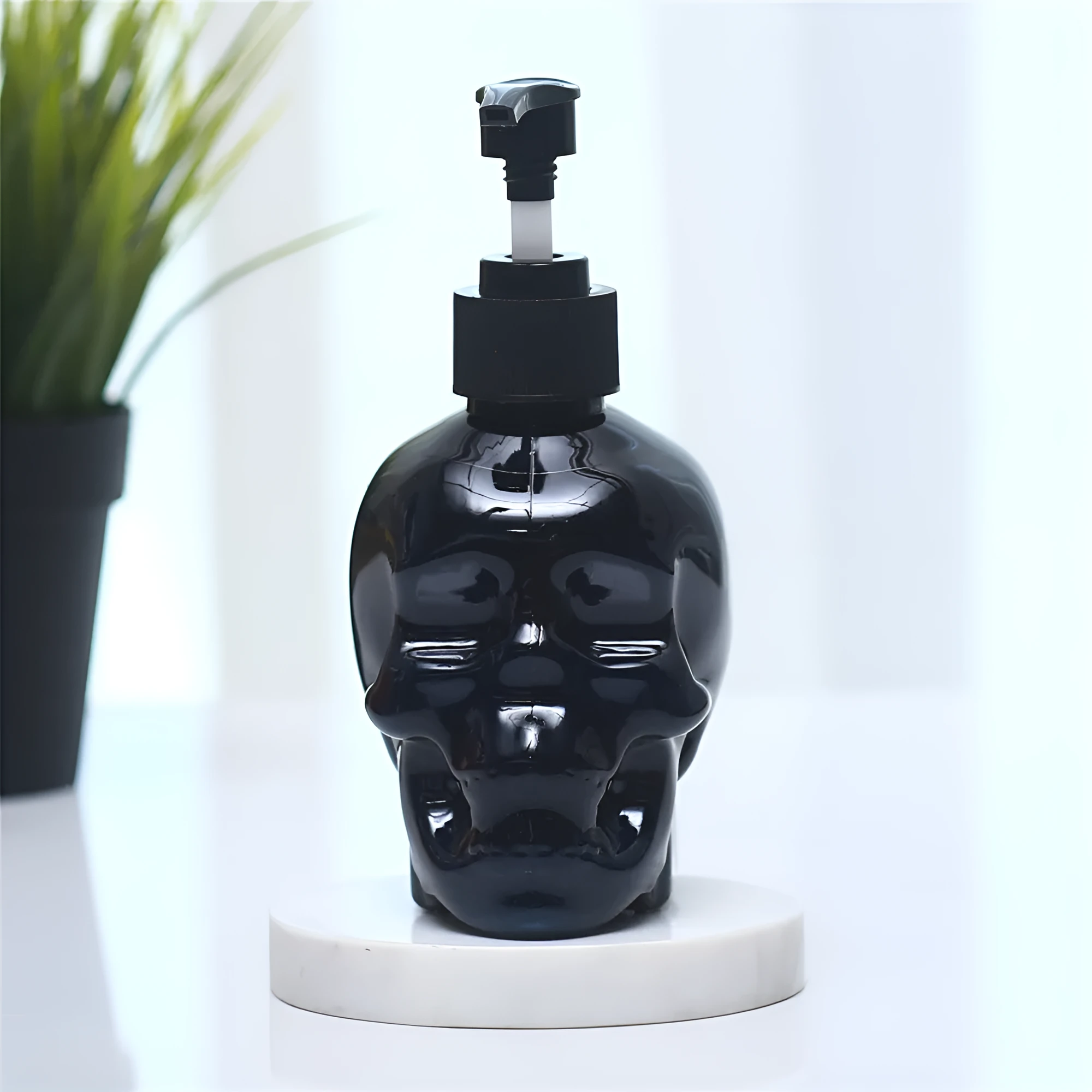 Creative skull hand sanitizer bottle 350ml plastic dispenser in white finish on countertop