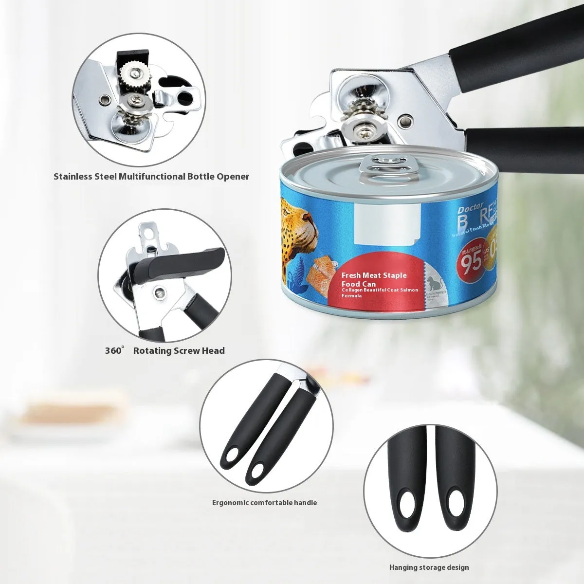 Black manual can opener and bottle opener with PP handle, 18.5cm length