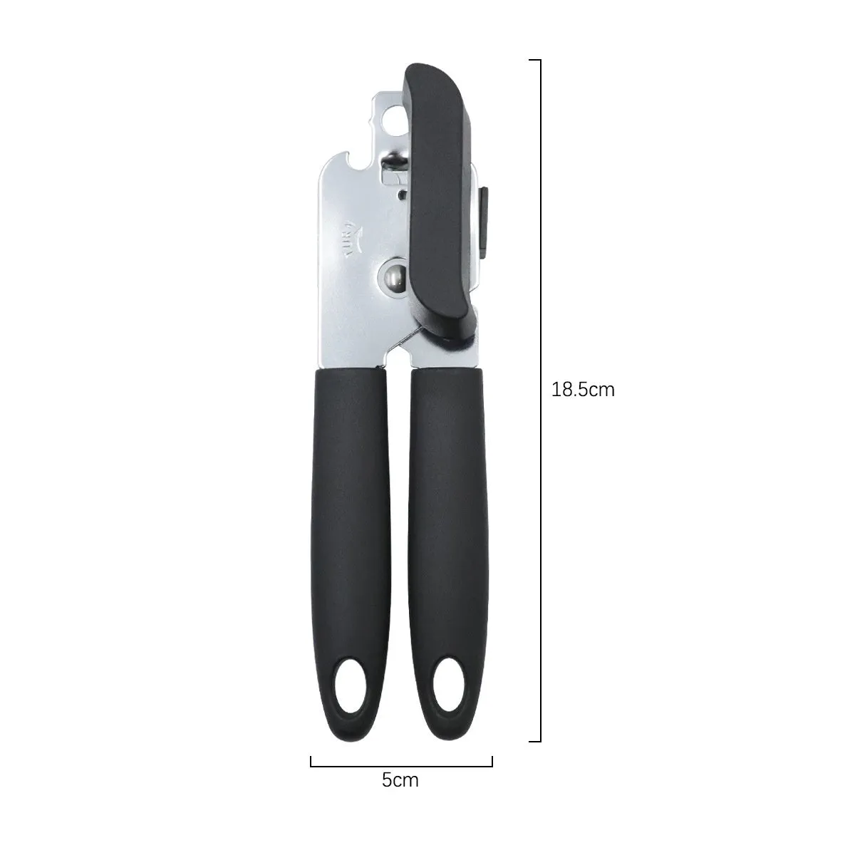 Black manual can opener and bottle opener with PP handle, 18.5cm length