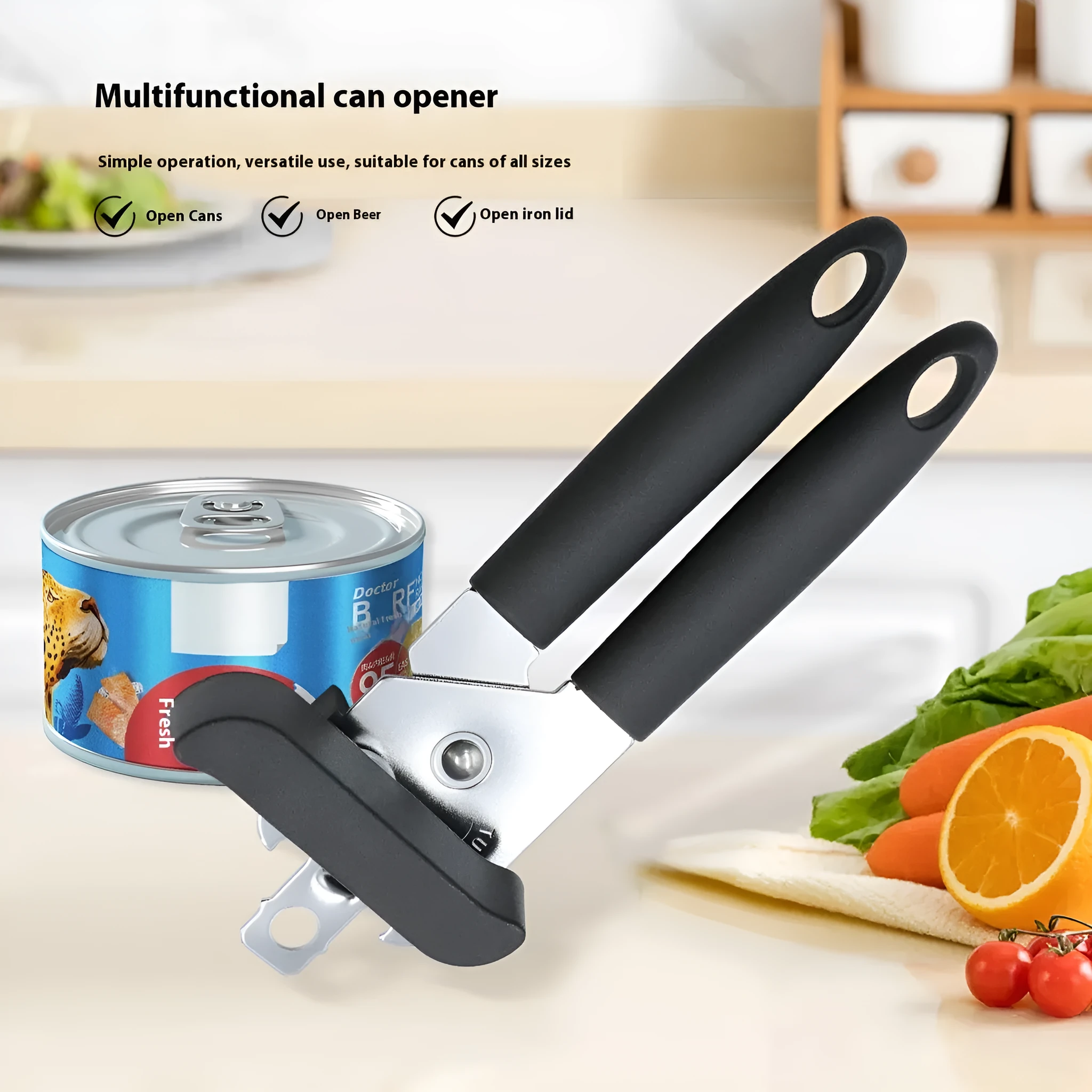 Black manual can opener and bottle opener with PP handle, 18.5cm length