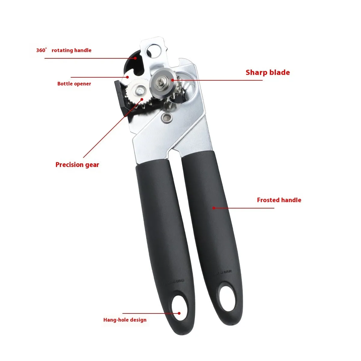 Black manual can opener and bottle opener with PP handle, 18.5cm length