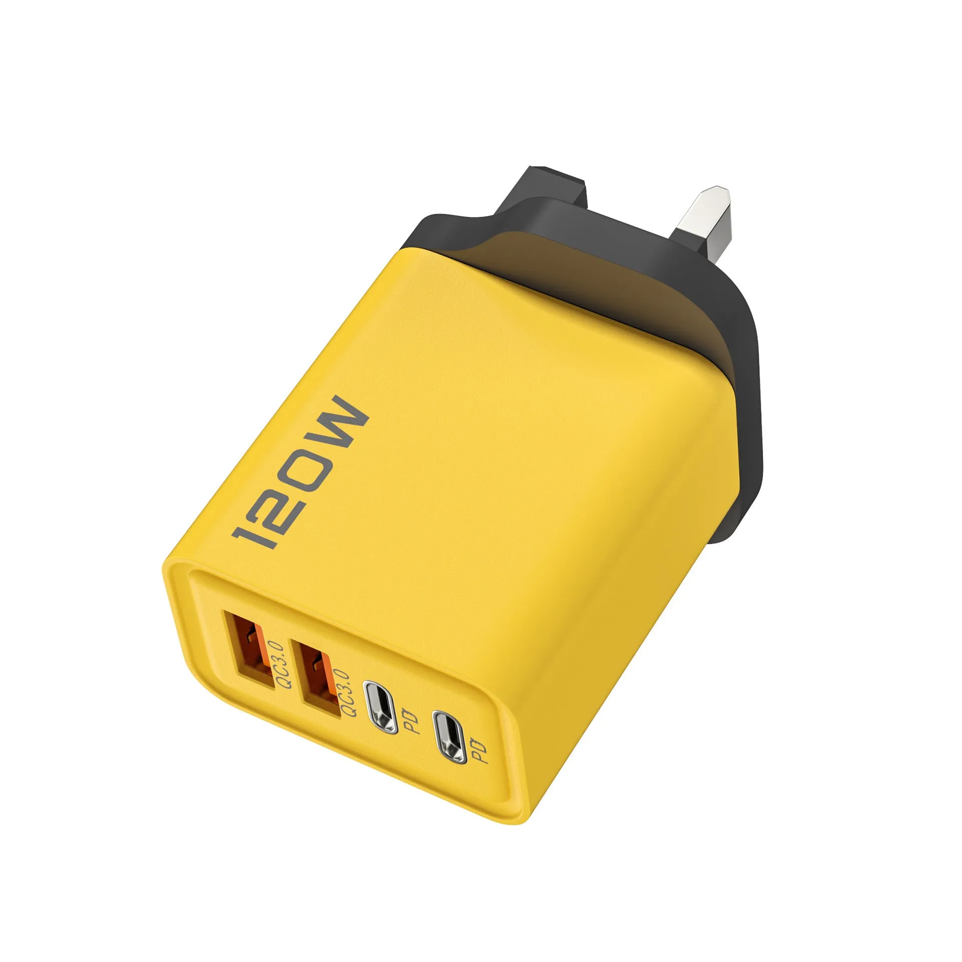 120W dual PD dual USB charger in black with interchangeable UK EU US plugs