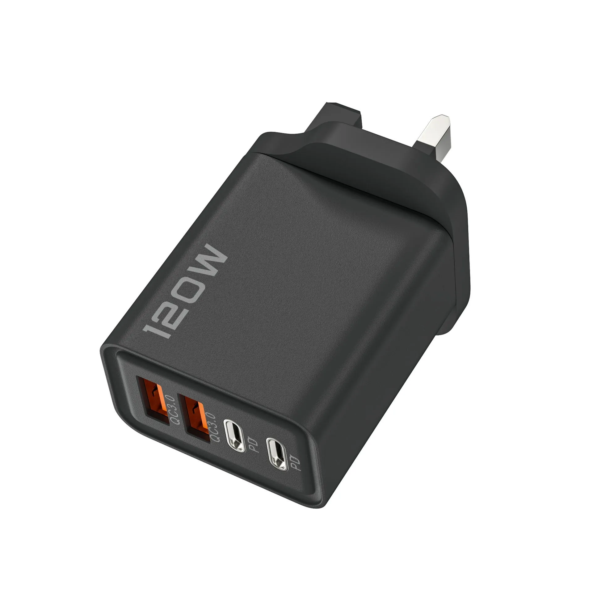 120W dual PD dual USB charger in black with interchangeable UK EU US plugs