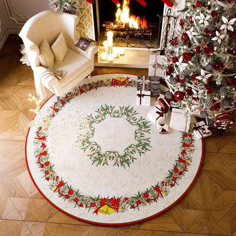 Round red Christmas floor mat with festive designs in polyester material on living room floor