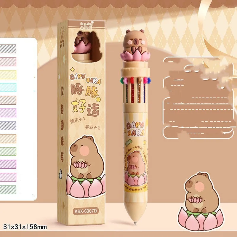 Multi-colour 12-colour ballpoint pen with 0.7mm bullet tip in Capybara theme