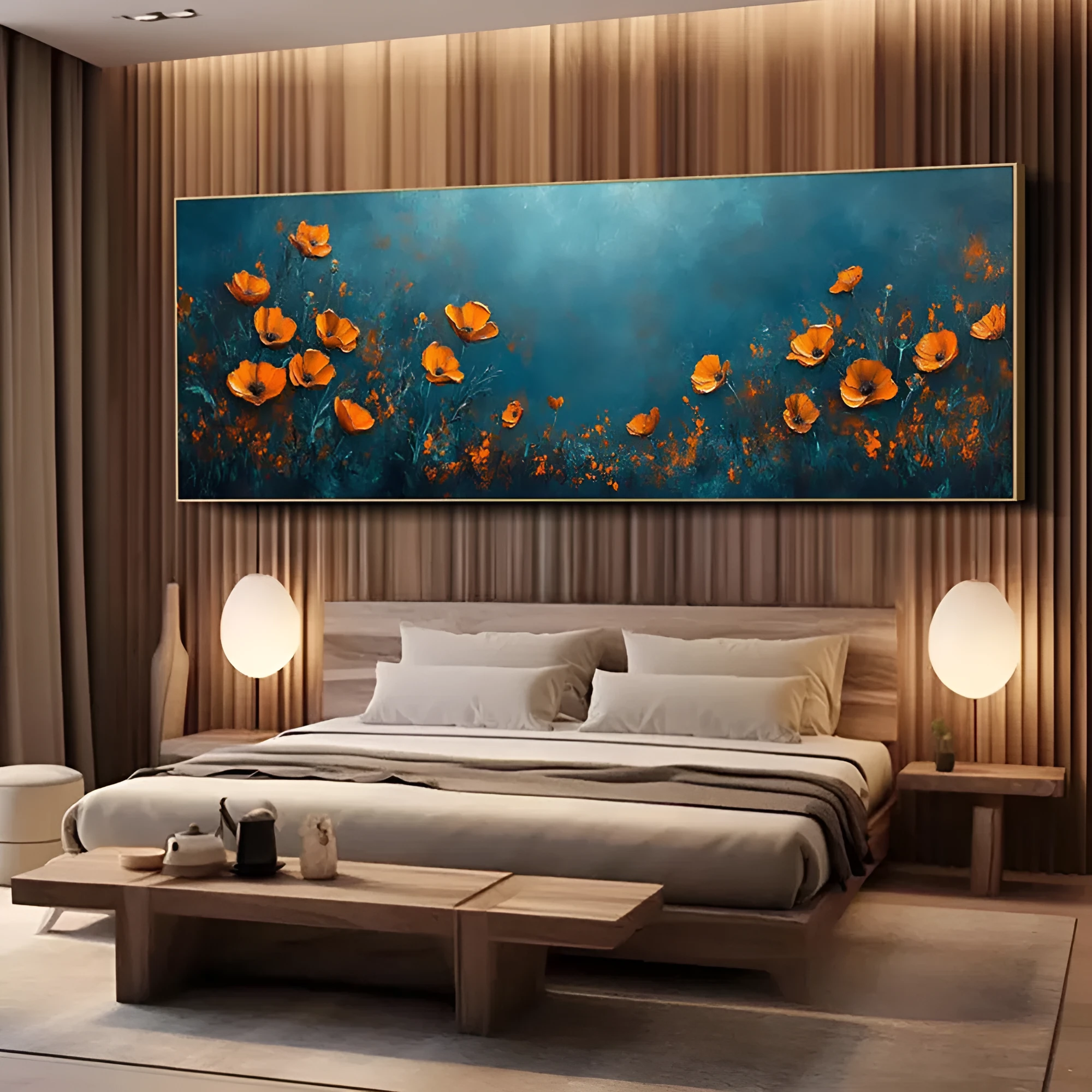 Abstract floral handmade oil painting on canvas, unstretched frameless, modern horizontal design for home decor