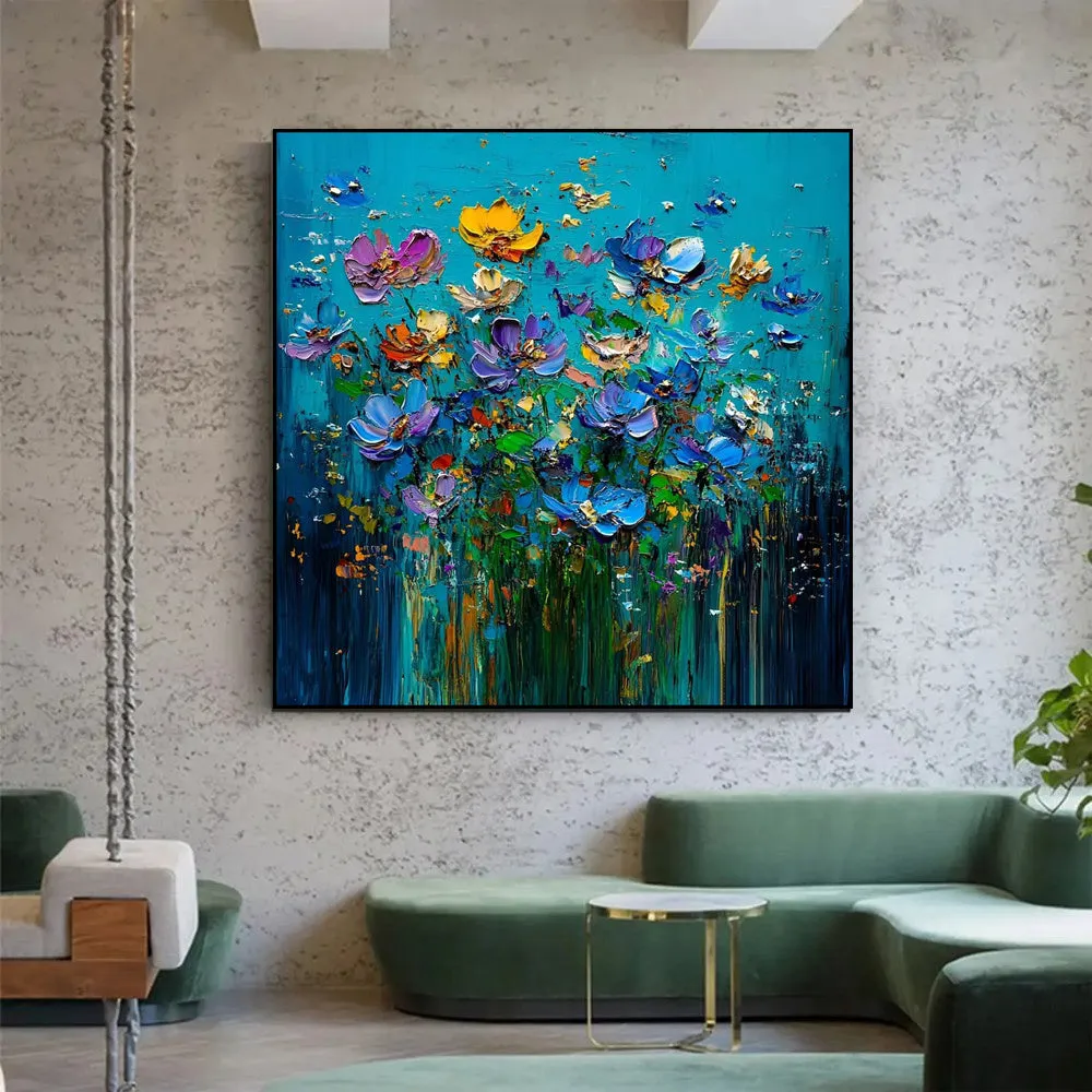 Hand-painted modern floral oil painting on canvas, square format, knife texture, one panel